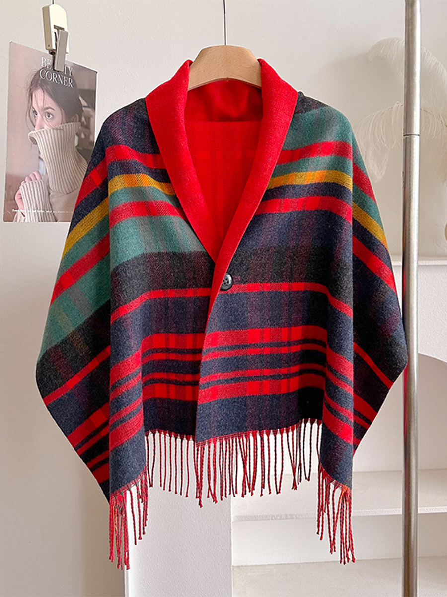 vintage-plaid-fringed-cape-sweater