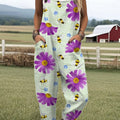 Women's  Vintage Bee Floral Art Print Casual 100% Cotton Wide Leg Jumpsuit