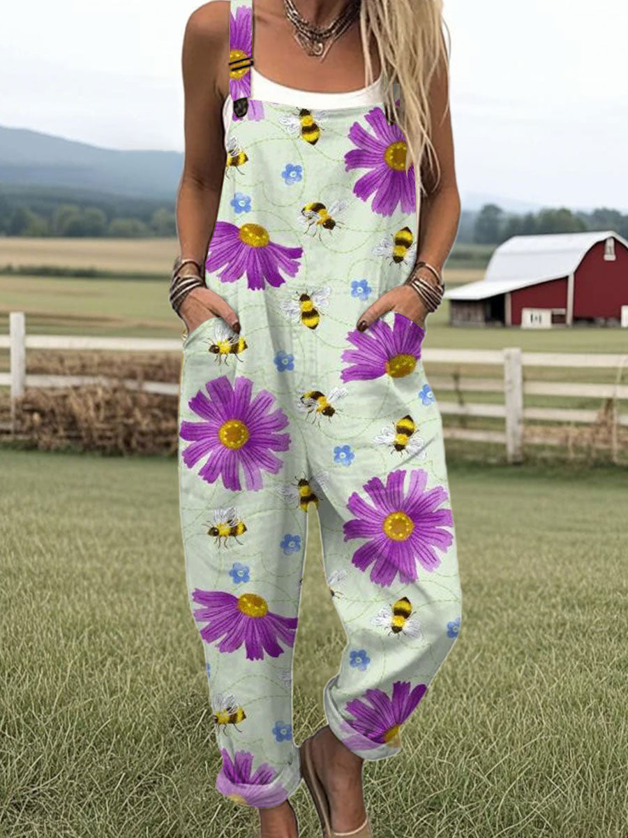 Women's  Vintage Bee Floral Art Print Casual 100% Cotton Wide Leg Jumpsuit