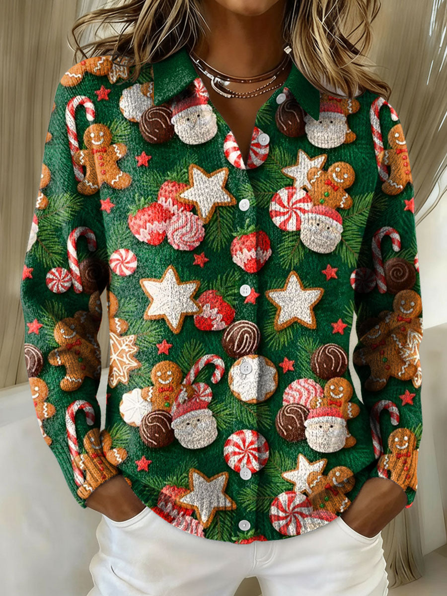 Women's Christmas Gingerbread Candy Cane Print Cowl Neck Sweater