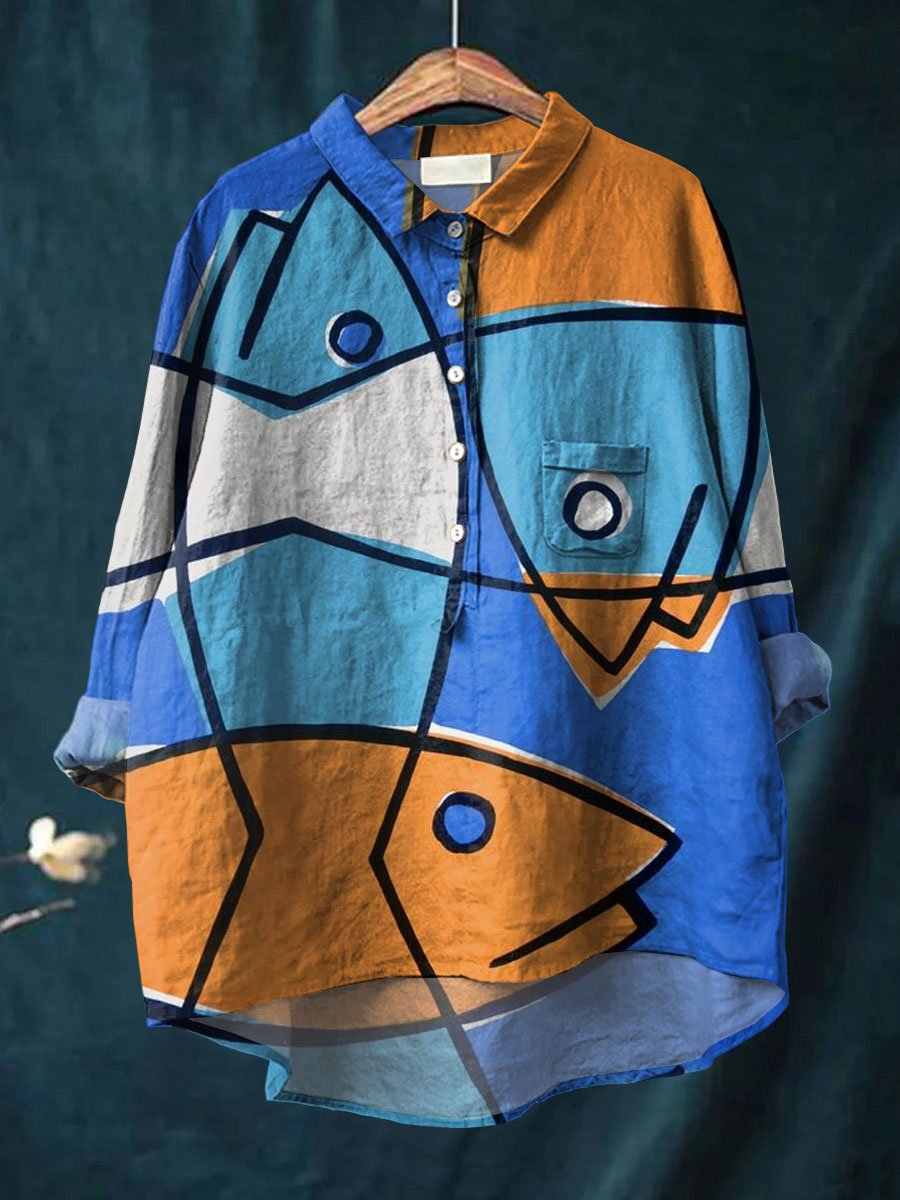 Fish Printed Women's Casual Cotton And Linen Shirt