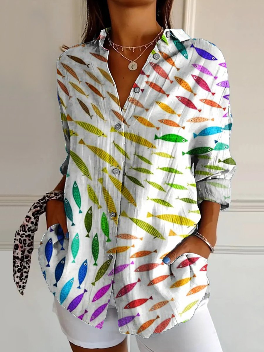 Women's Colorful Small Fish Print Casual Cotton Shirt