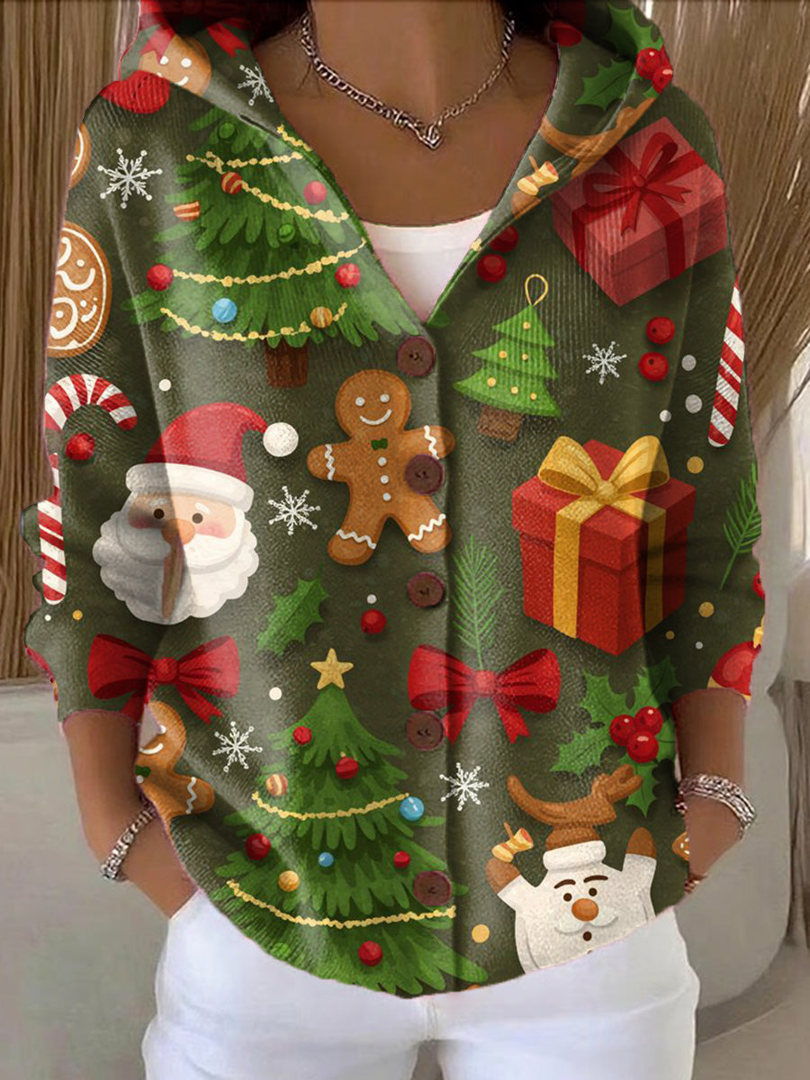 Women's Winter Christmas Gift Painting Art Print Casual Hooded Button Sweater