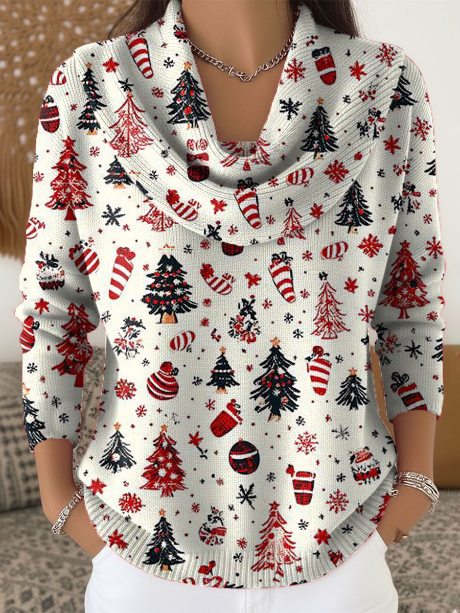 Women's Christmas Tree Art Print Cowl Neck Sweater