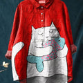 Women's Cat  Art Print Casual Cotton And Linen Shirt
