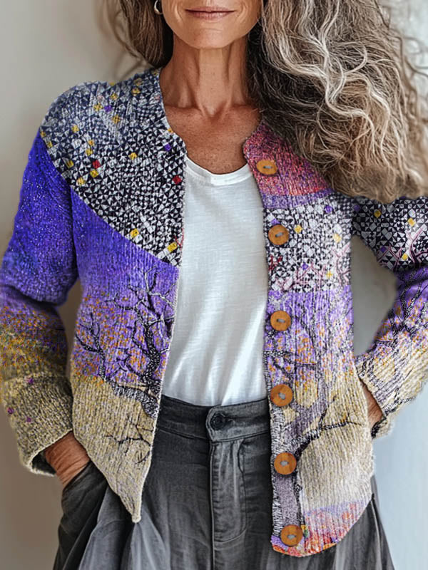 Women's Vintage Floral Art Print Buttoned Cardigan Sweater