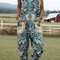Women's Vintage Floral Birds Art Print Casual 100% Cotton Wide Leg Jumpsuit