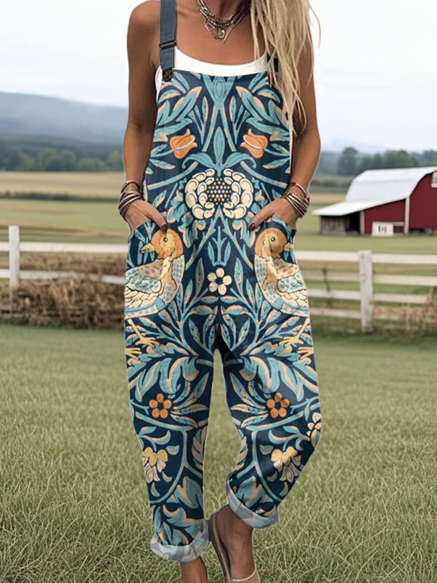 Women's Vintage Floral Birds Art Print Casual 100% Cotton Wide Leg Jumpsuit