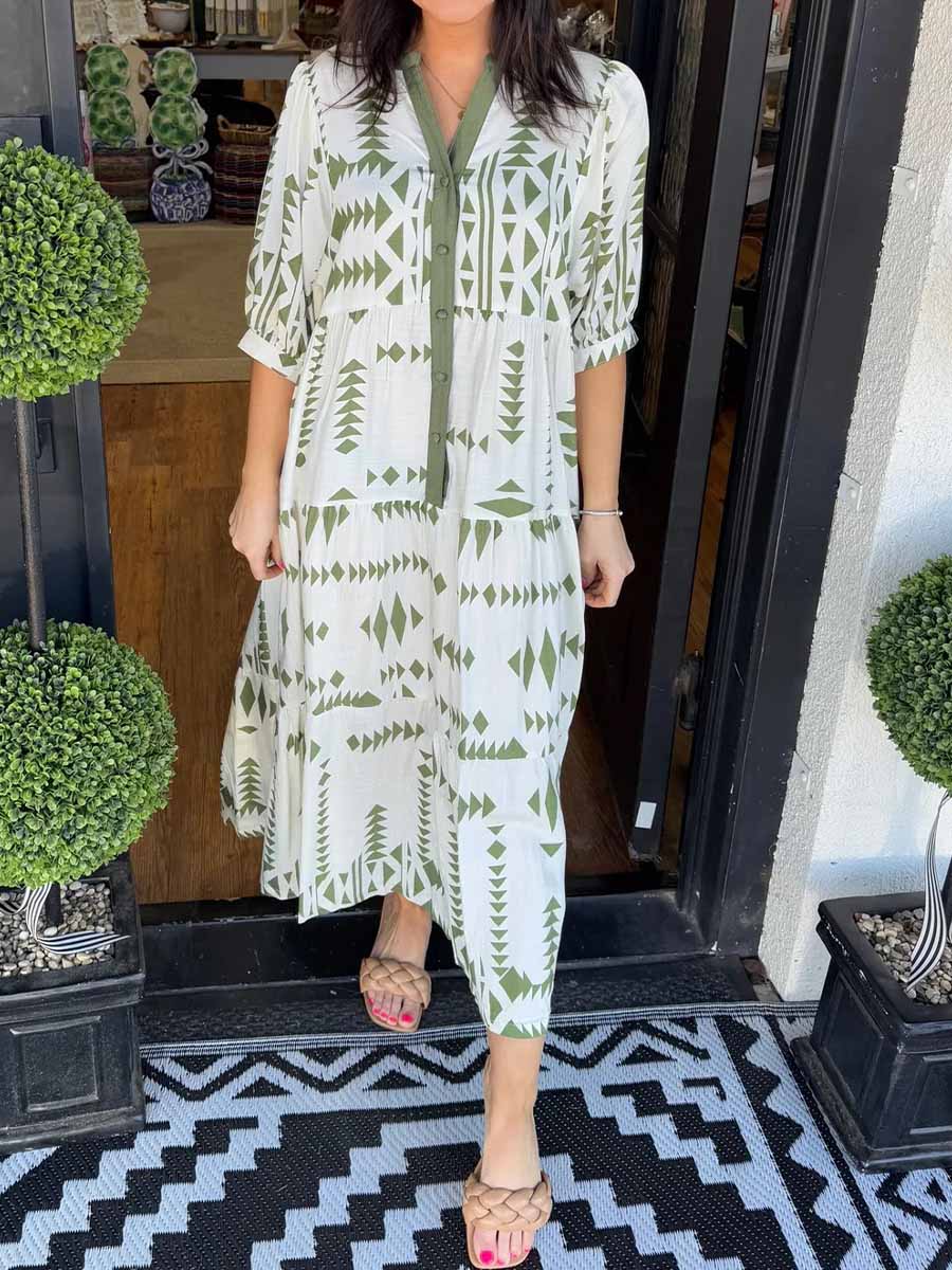 Women's Geometric Print V-Neck Short Sleeve Casual Cotton and Linen Dress