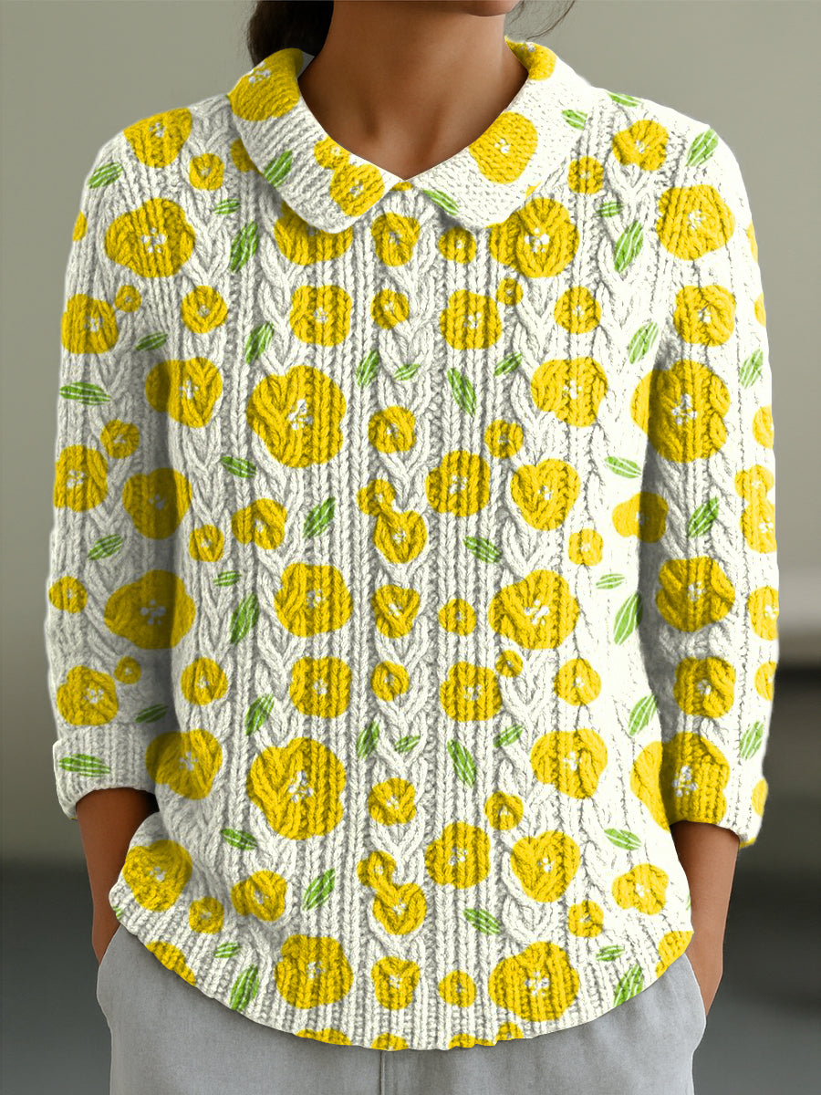 womens-cute-yellow-small-floral-painting-art-print-casual-peter-pan-collar-3-4-sleeve-sweater