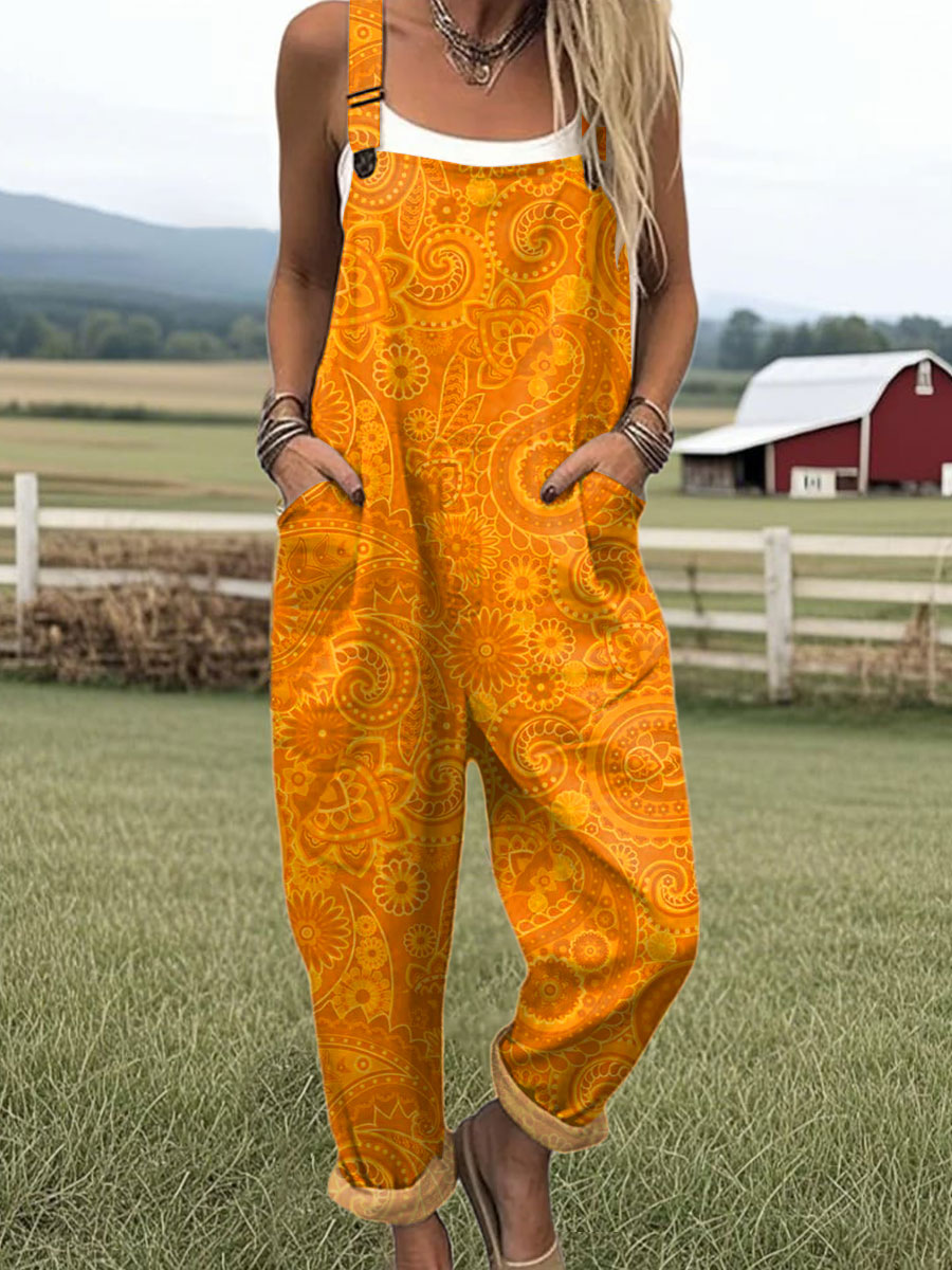 Women's Vintage  Flower Art Print Casual 100% Cotton Wide Leg Jumpsuit