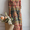 Women's Vintage Floral Art Print Cotton And Linen Pocket Dress