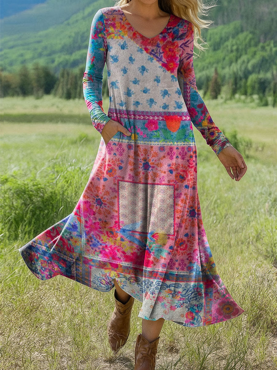 Women's Boho Floral Print Art Print Long-sleeved Dress
