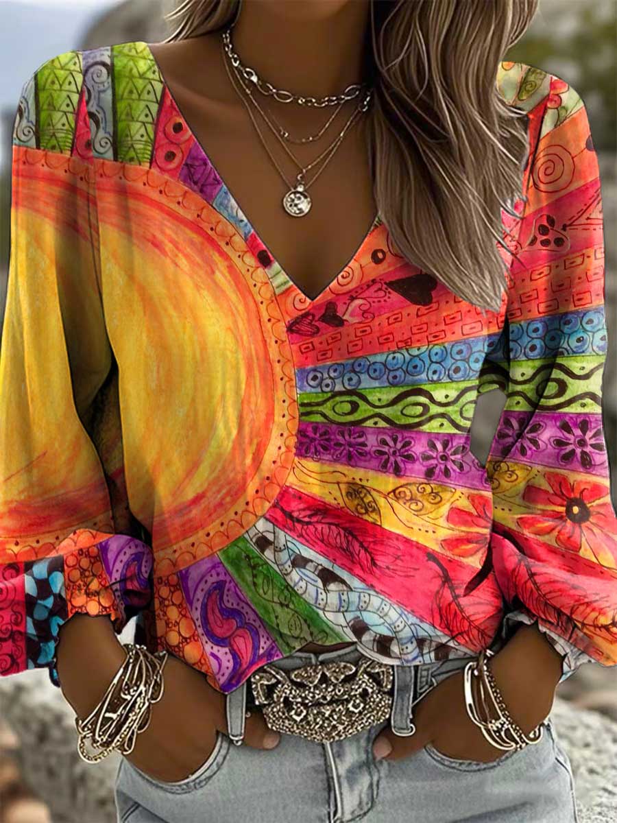 Women's Vintage Art Pattern Print Casual Cotton And Linen Shirt