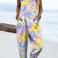 Women's Colourful Art Flowers Print Casual 100% Cotton Wide Leg Jumpsuit