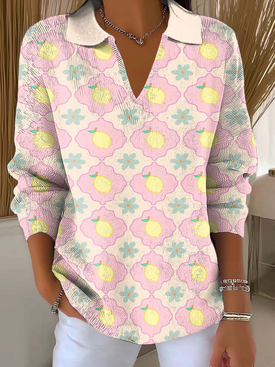 Women's Lemon And Flower Plaid Printed Casual Sweater