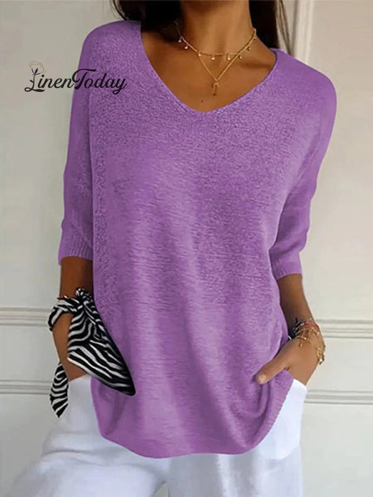 Solid Color Knitted V-neck Top
