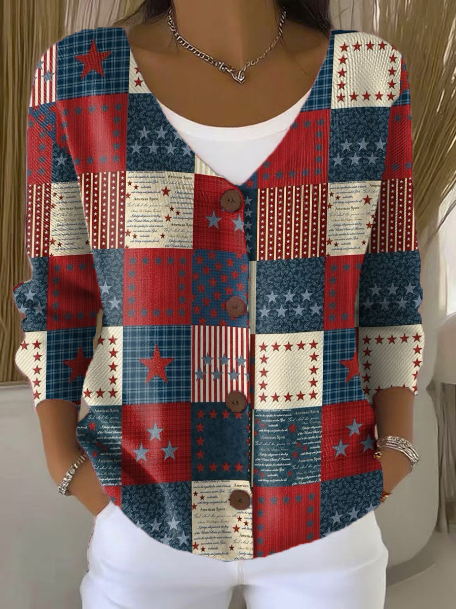 spliced-denim-style-star-plaid-print-buttoned-v-neck-cardigan-sweater