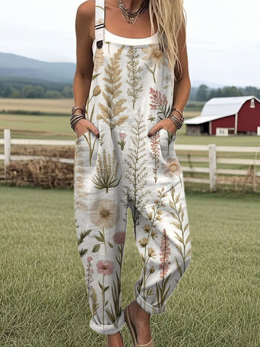 Women's   Vintage  Flower Art Print Casual 100% Cotton Wide Leg Jumpsuit