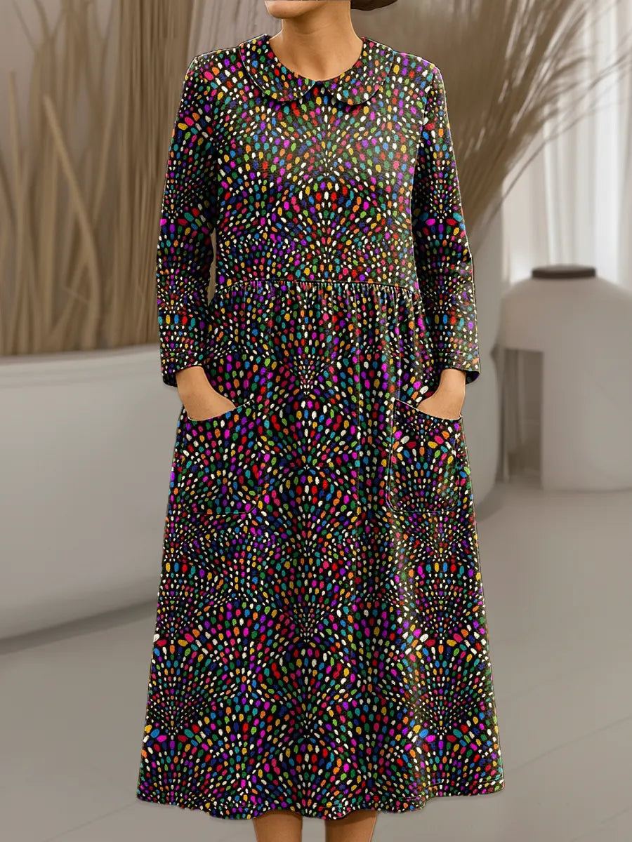 Women's Vintage  Art Print Cotton Lapel Button-Down Shirt Dress