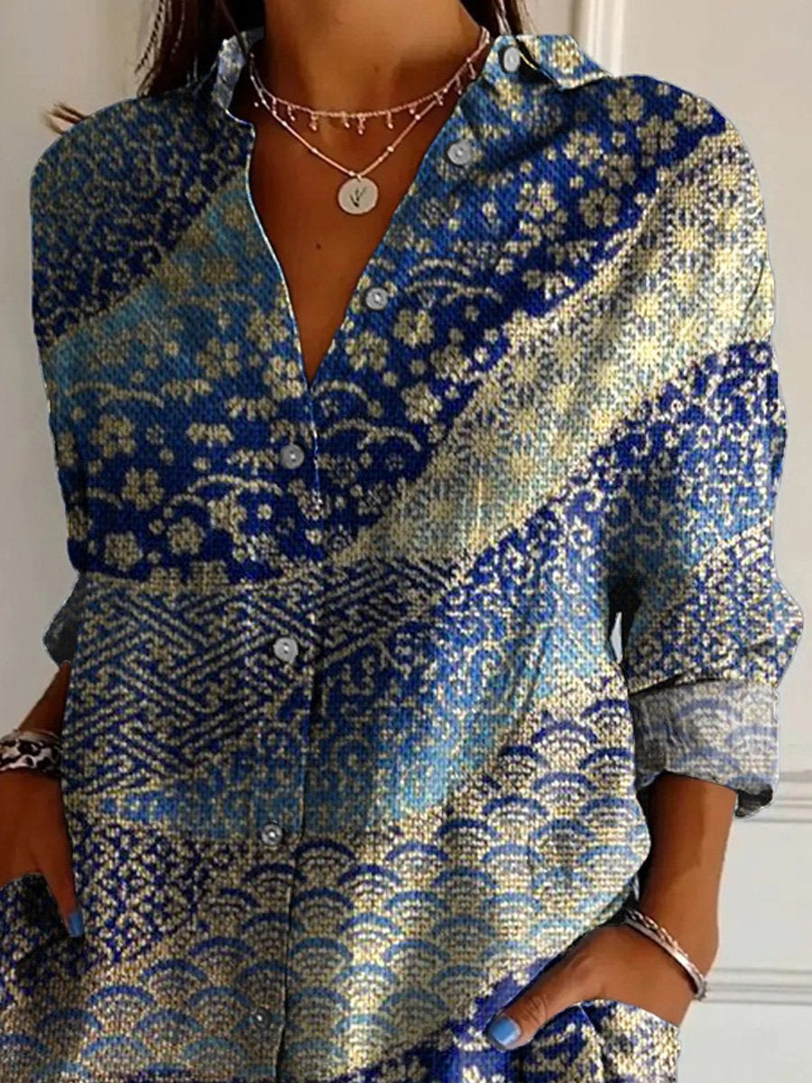 Japanese Style Pattern Printed Women's Casual Cotton Shirt