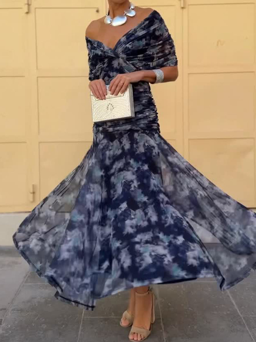 Women's Floral Print Elegant Stretch-mesh Maxi Dress