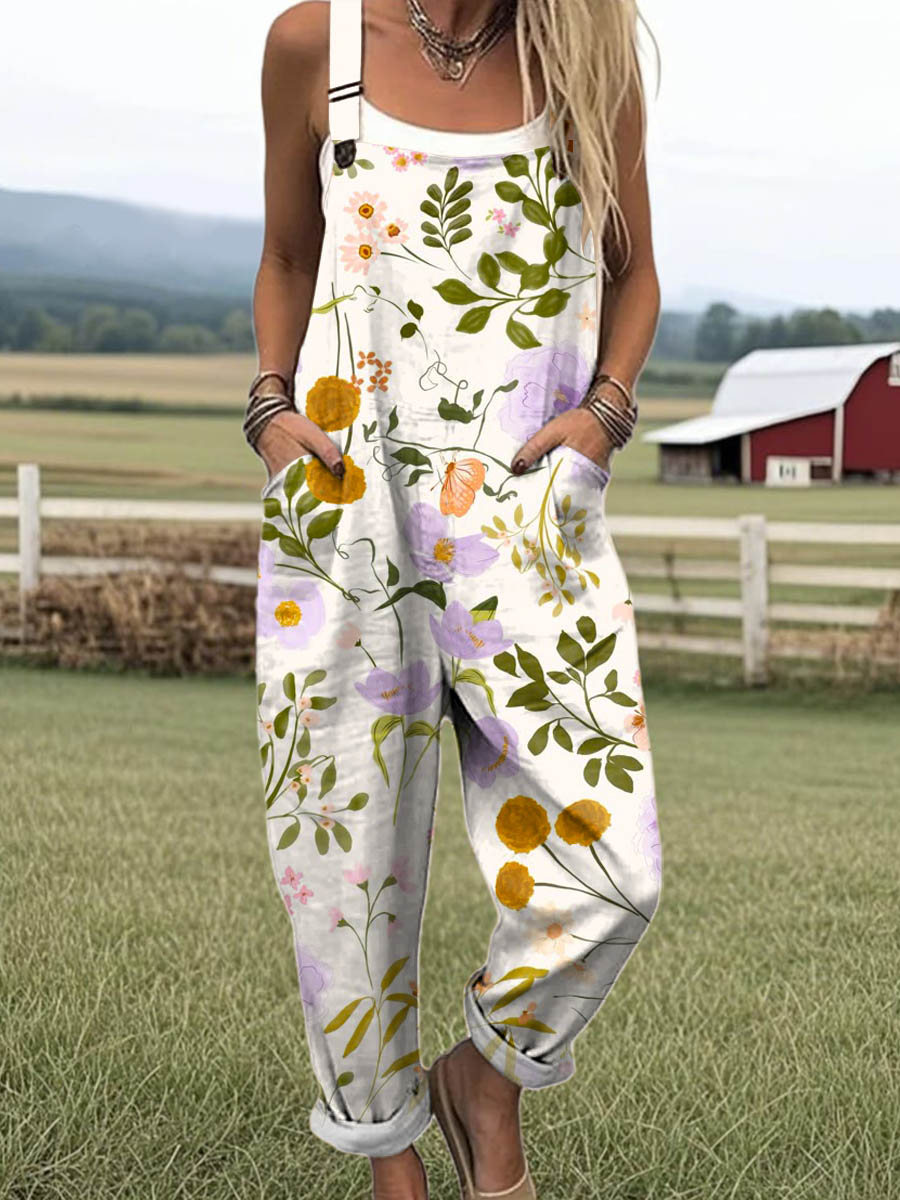 Women's Floral Art Print Casual 100% Cotton Wide Leg Jumpsuit