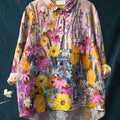 Women's Vintage Flower Art Print Casual Cotton And Linen Shirt