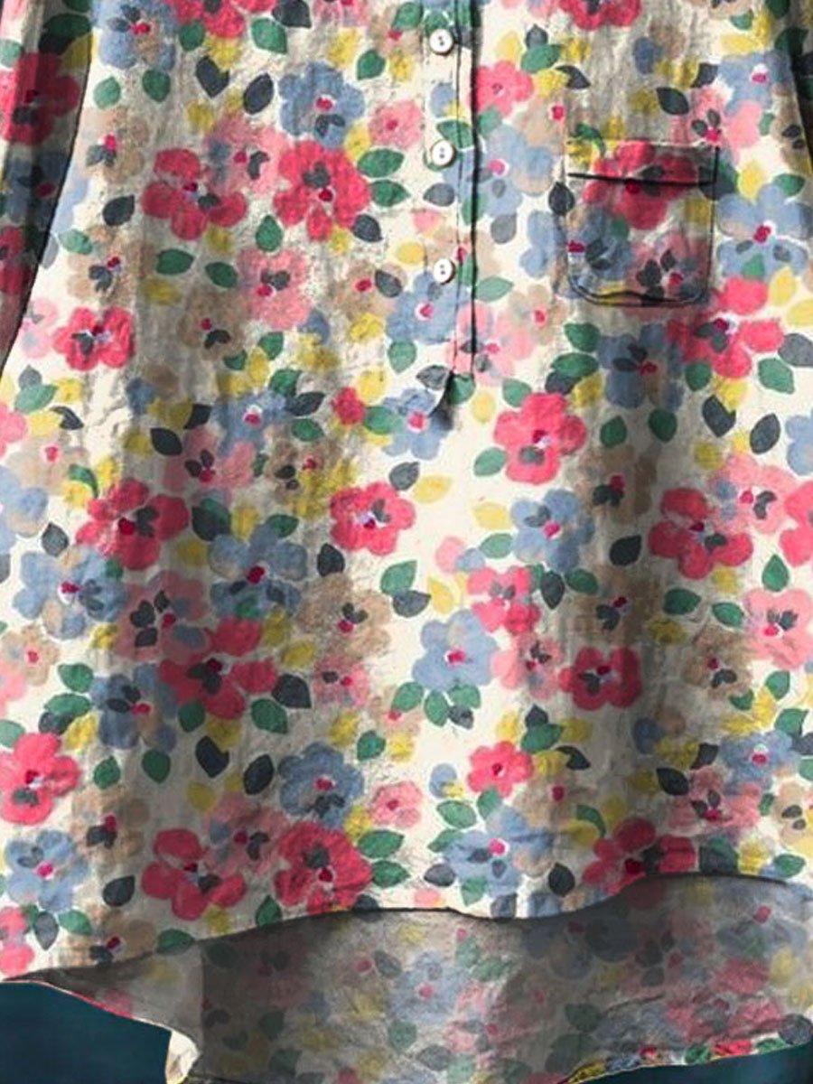 Women's Vintage Floral Art Print Casual Cotton And Linen Shirt