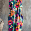 Women's Abstract Colorful Beautiful Flower Painting Art Print Pocket V-neck Cotton Dress