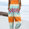 Women's Vintage Abstract Geometric Art Print Casual 100% Cotton Wide Leg Jumpsuit