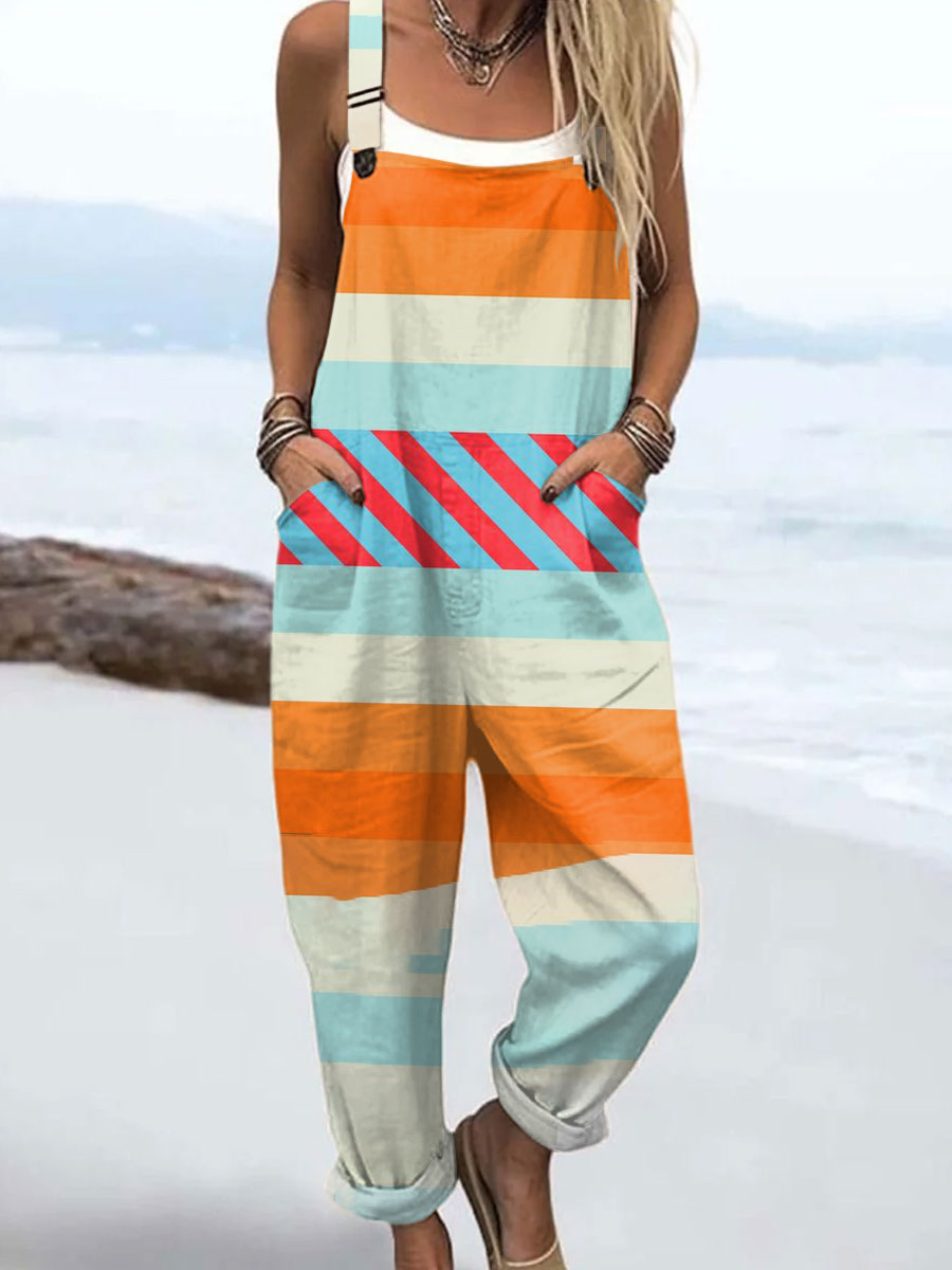 Women's Vintage Abstract Geometric Art Print Casual 100% Cotton Wide Leg Jumpsuit