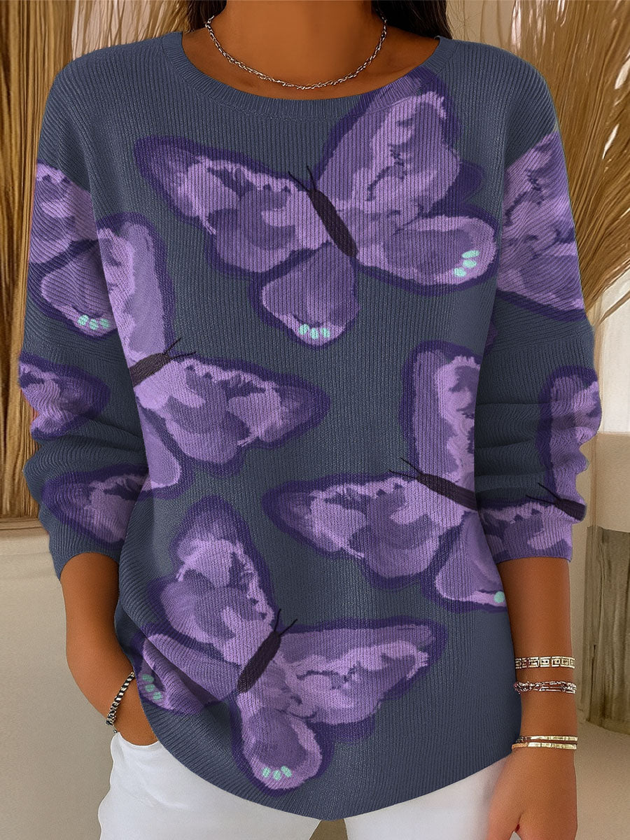 womens-purple-butterfly-print-casual-pullover-sweater