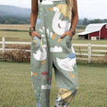 Women's Art Cute Rainy Day Duckling Print Casual 100% Cotton Wide Leg Jumpsuit