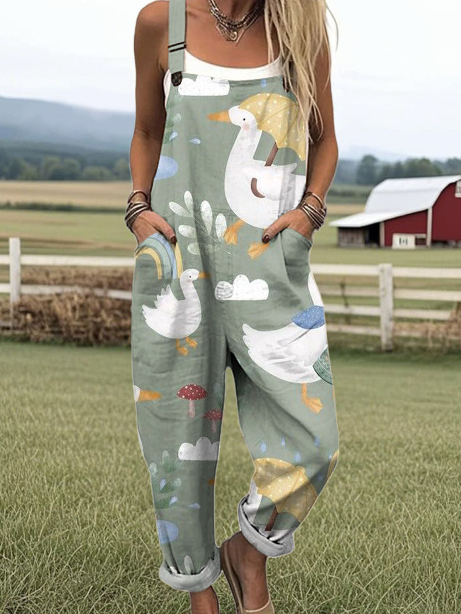 Women's Art Cute Rainy Day Duckling Print Casual 100% Cotton Wide Leg Jumpsuit