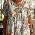 Elegant Floral Decorative Patterns Women's Round Collar Short Sleeve Cotton Shirt