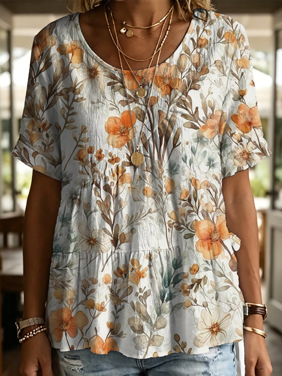 Elegant Floral Decorative Patterns Women's Round Collar Short Sleeve Cotton Shirt