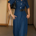 Women's Solid Color Shirt Collar Short Sleeve Loose A-Line Denim Dress