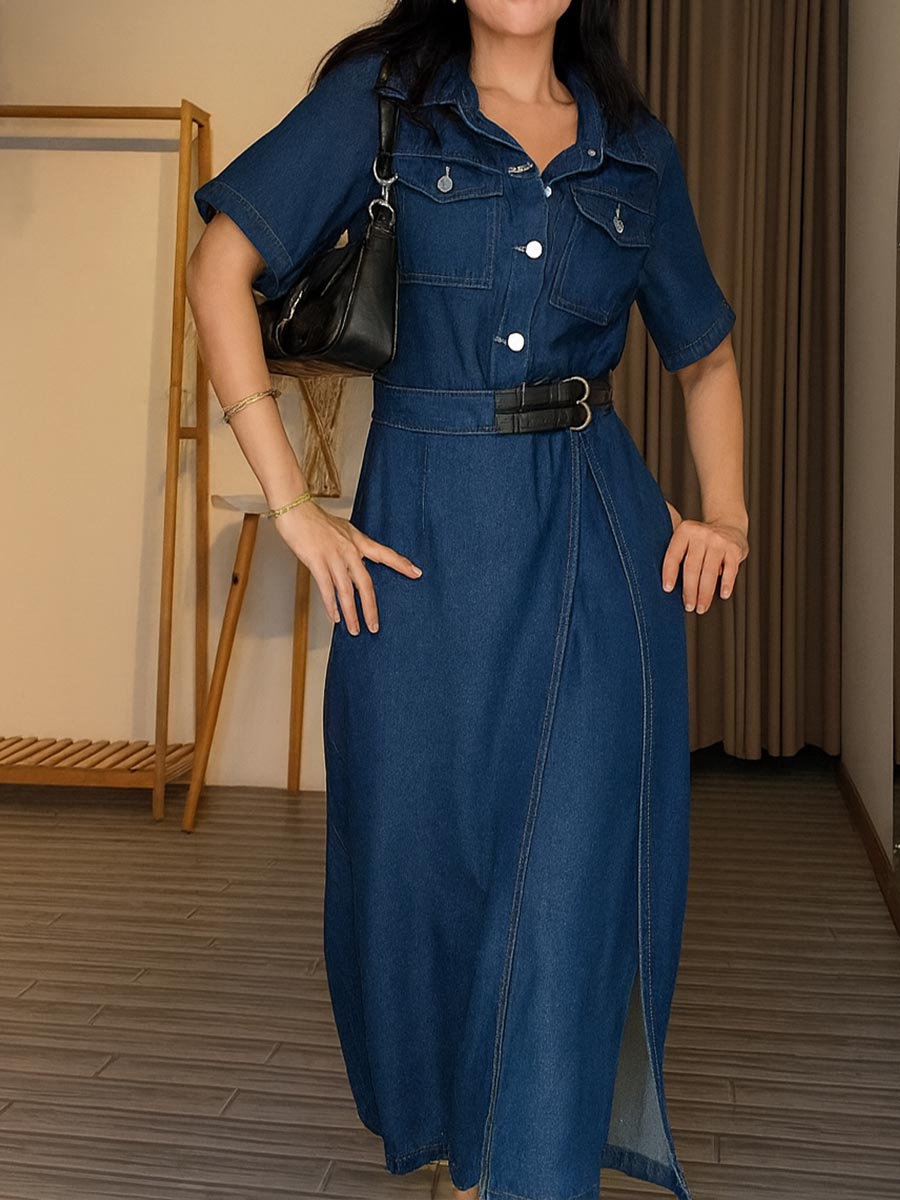 Women's Solid Color Shirt Collar Short Sleeve Loose A-Line Denim Dress