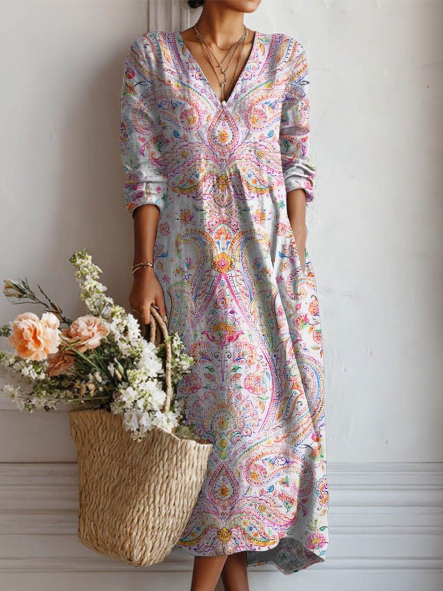Women's Vintage Floral Art Print Cotton And Linen Pocket Dress