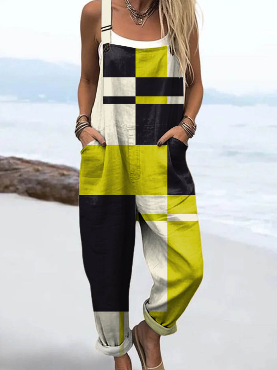 Women's Geometric Pattern Art Print Casual 100% Cotton Wide Leg Jumpsuit