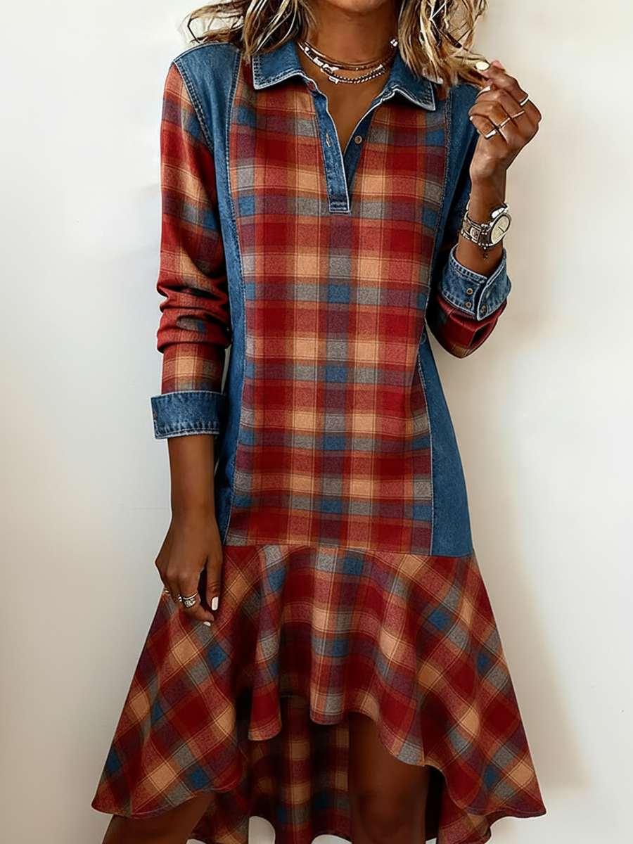 Denim Patchwork Plaid Print Ruffle Hem Midi Dress