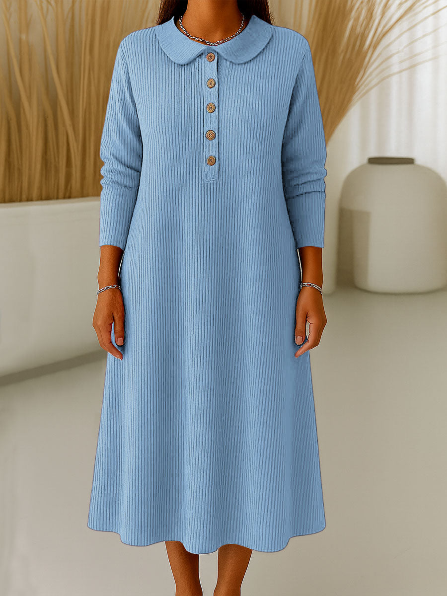 Women's Solid Color Peter Pan Collar Long Sleeve Casual Loose A-Line Knitted Dress