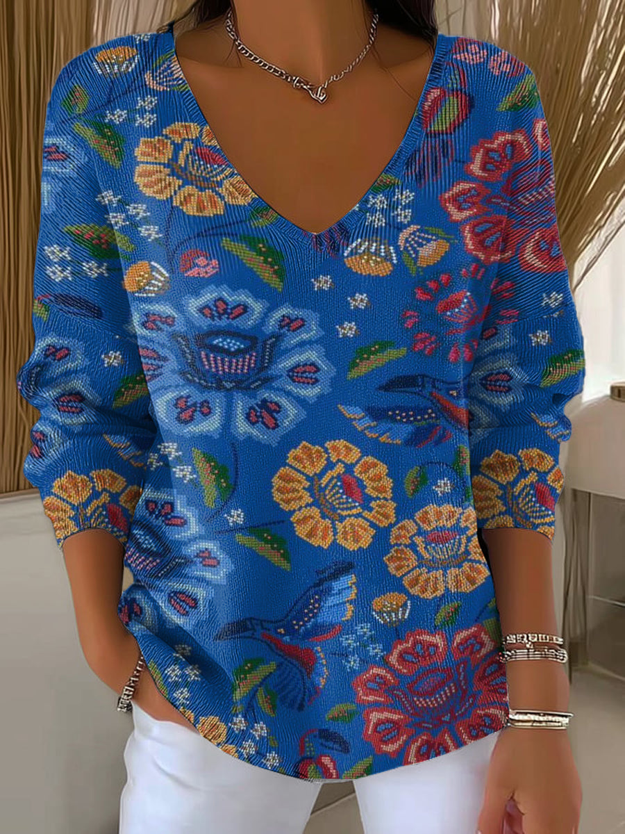 womens-mosaic-flowers-print-casual-pullover-sweater