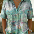 Artistic Oil-painting Floral Print Short-sleeve Collared Shirt With Half-button Placket