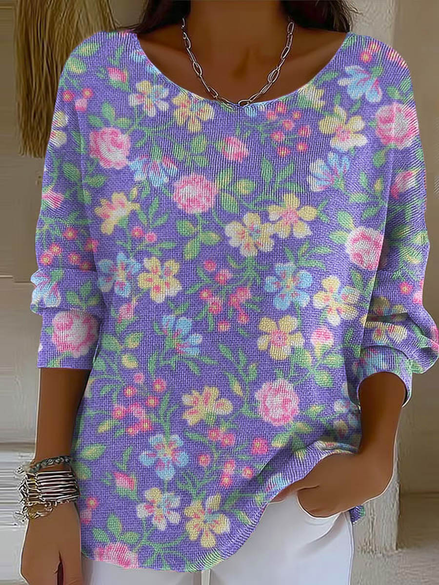 Women's Floral Art Print Casual Pullover Sweater