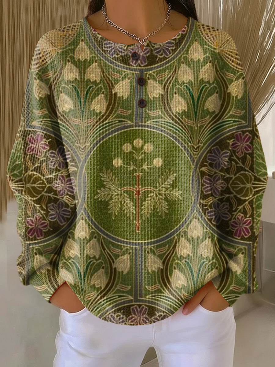 Women's Vintage Abstract Geometric Floral Painting Art Print Casual Cotton Sweatshirt