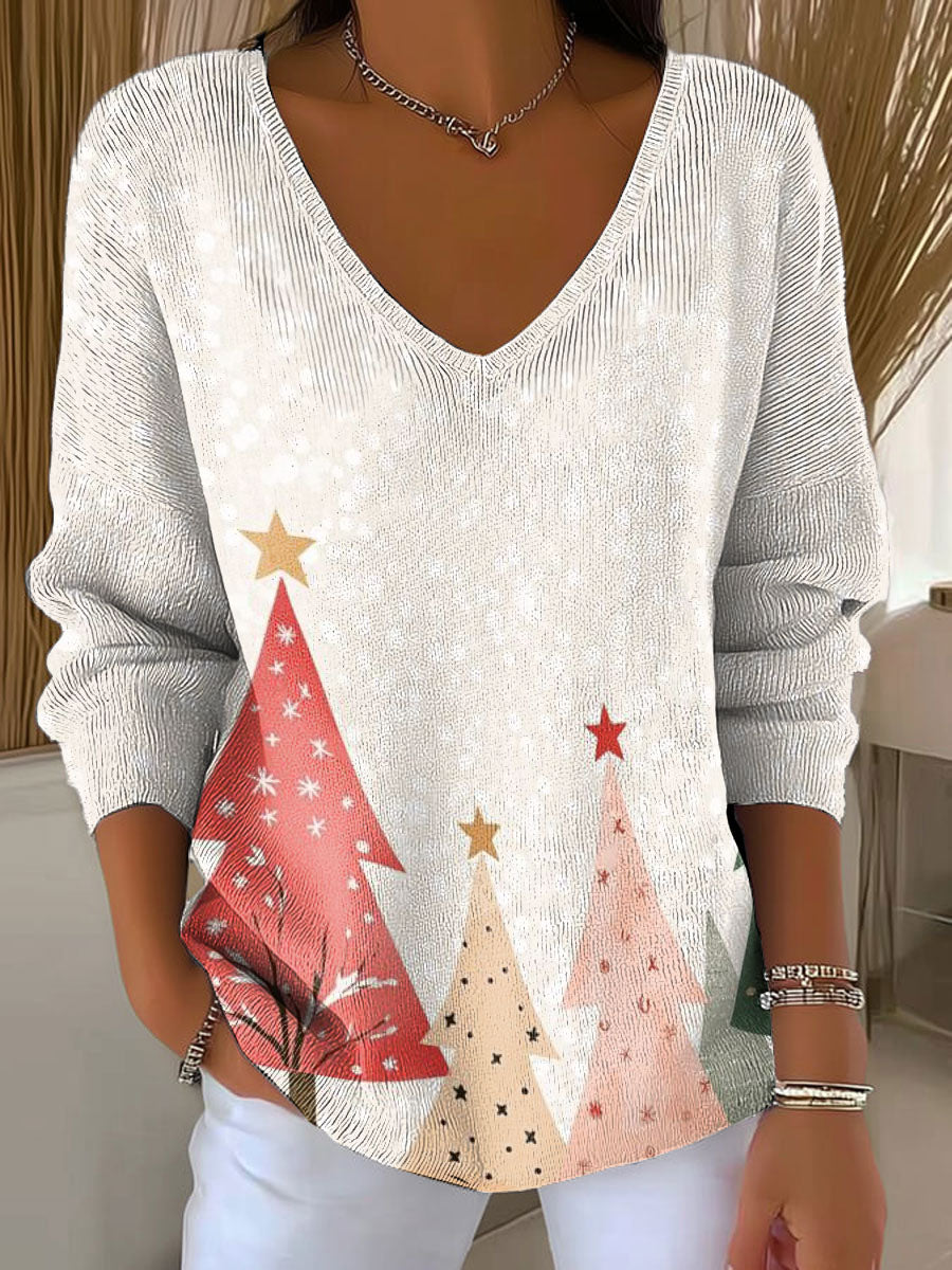 Women's Christmas Tree Pattern Print Casual Pullover Sweater