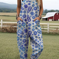 Women's  Vintage Flower Art Print Casual 100% Cotton Wide Leg Jumpsuit