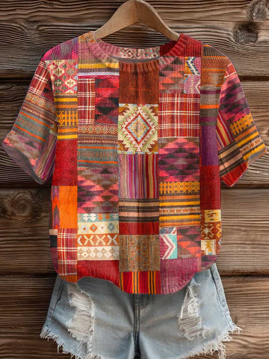 womens-vintage-patchwork-pattern-art-print-casual-crew-neck-short-sleeve-knitted-sweater